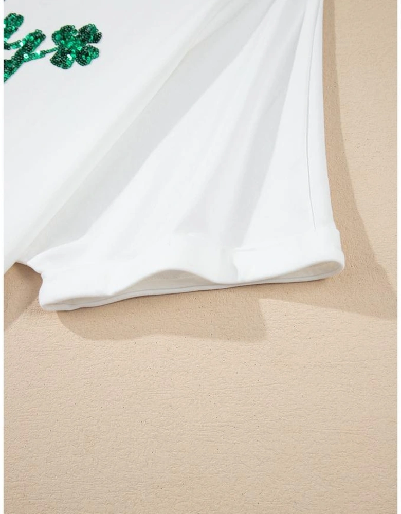 White St Patrick Lucky Clover Sequin Graphic T Shirt