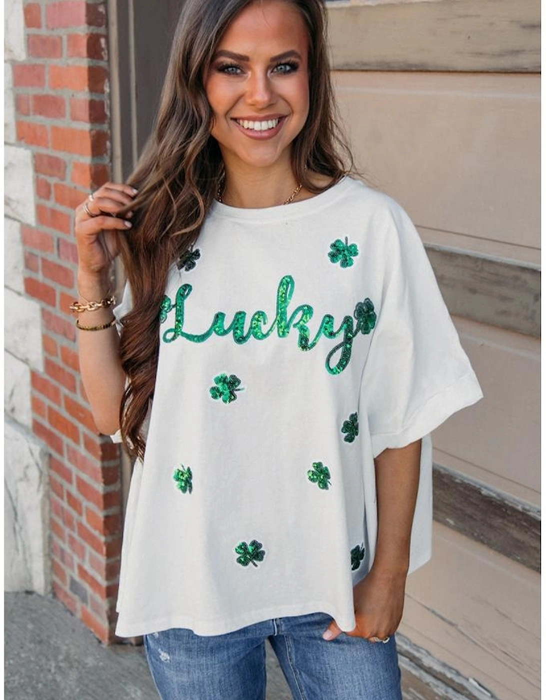 White St Patrick Lucky Clover Sequin Graphic T Shirt