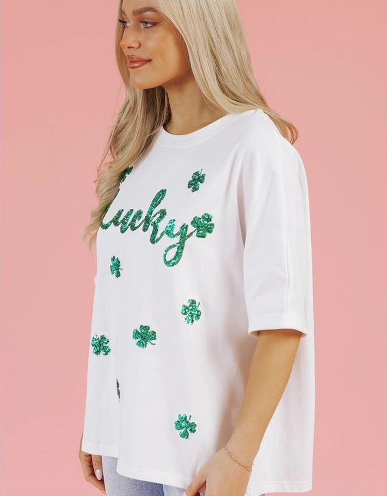 White St Patrick Lucky Clover Sequin Graphic T Shirt