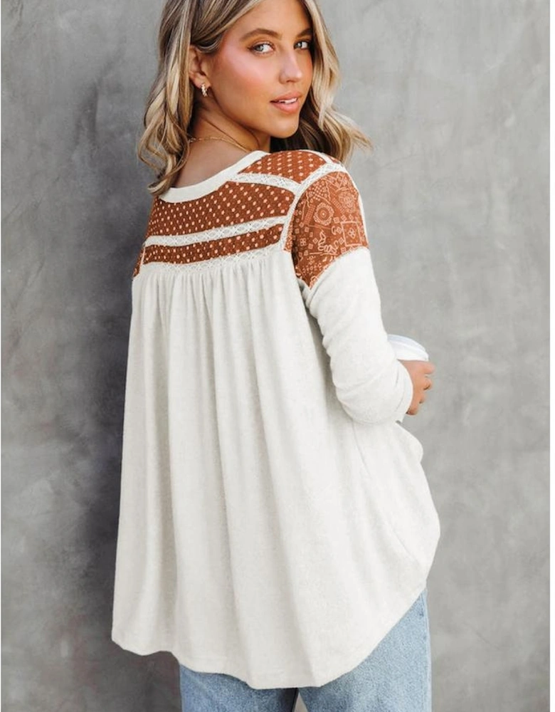 White Contrast Crochet Lace Henley Top