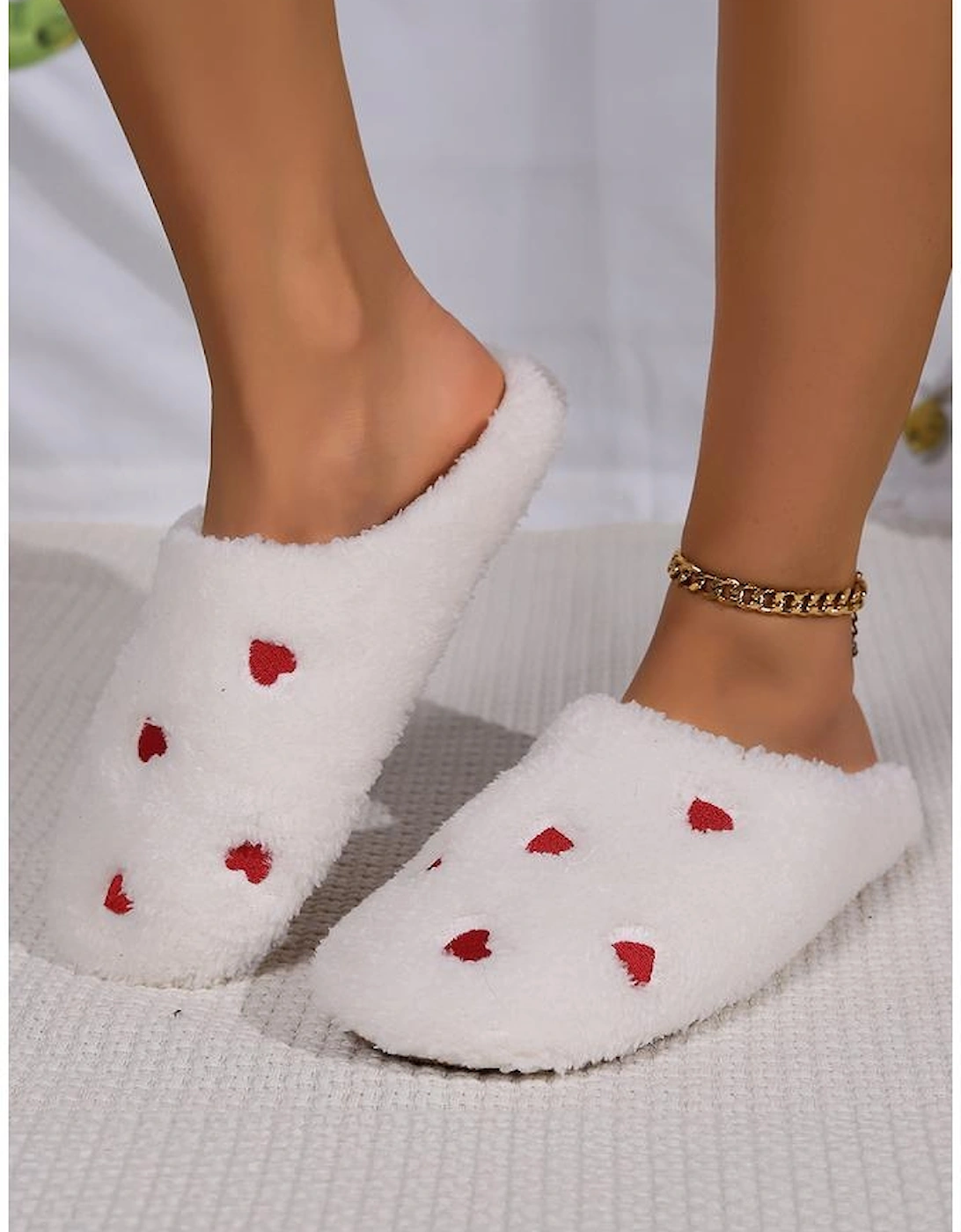 White Heart Shape Embroidered Slip On Plush Slippers