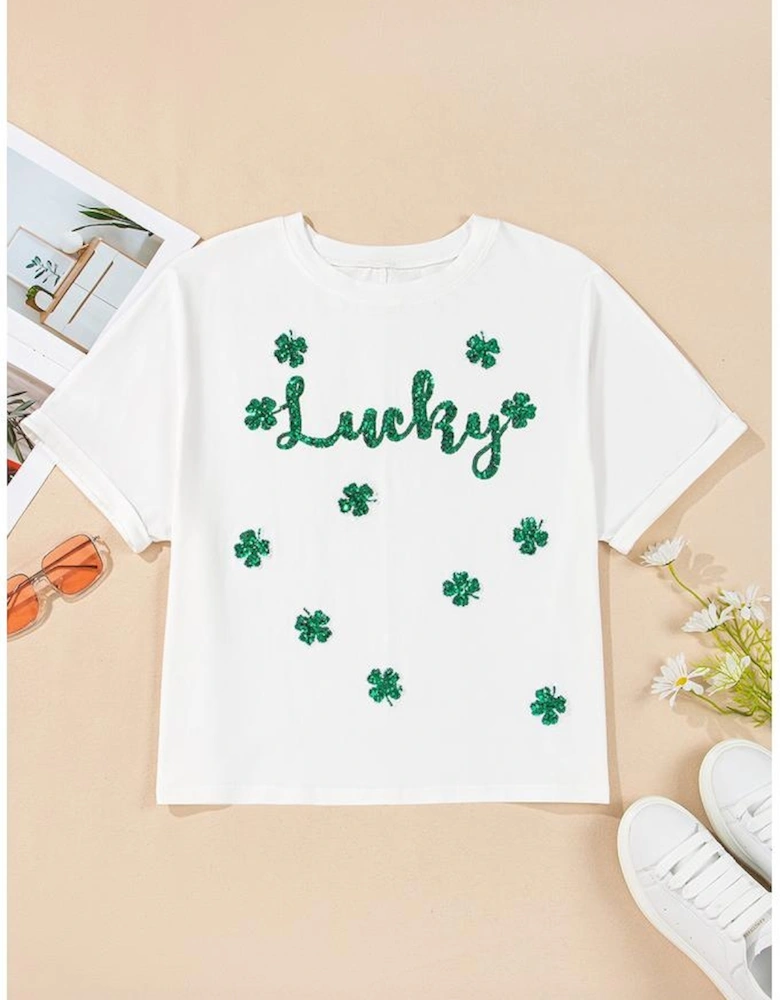 White St Patrick Lucky Clover Sequin Graphic T Shirt
