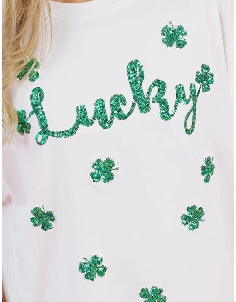 White St Patrick Lucky Clover Sequin Graphic T Shirt