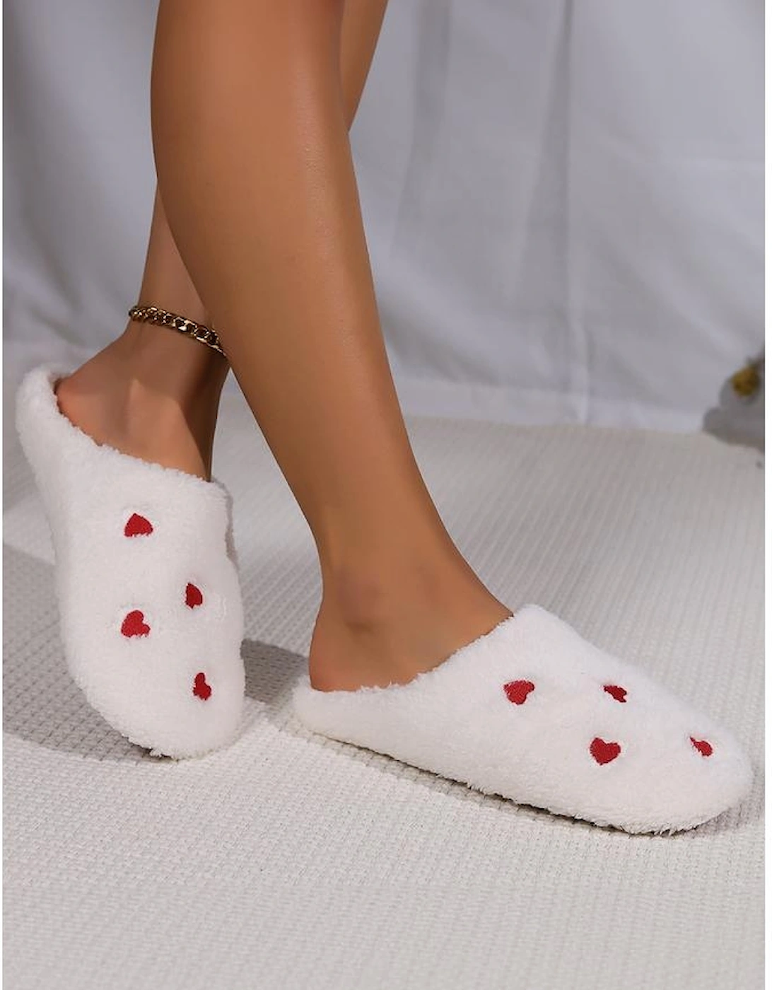 White Heart Shape Embroidered Slip On Plush Slippers, 6 of 5