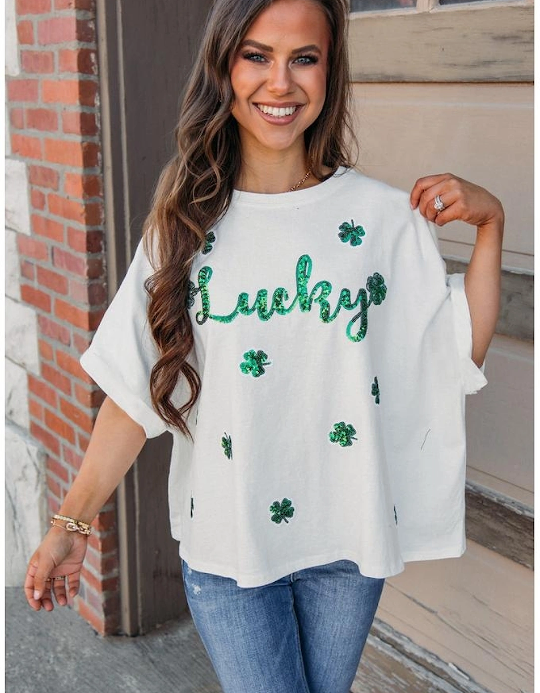 White St Patrick Lucky Clover Sequin Graphic T Shirt