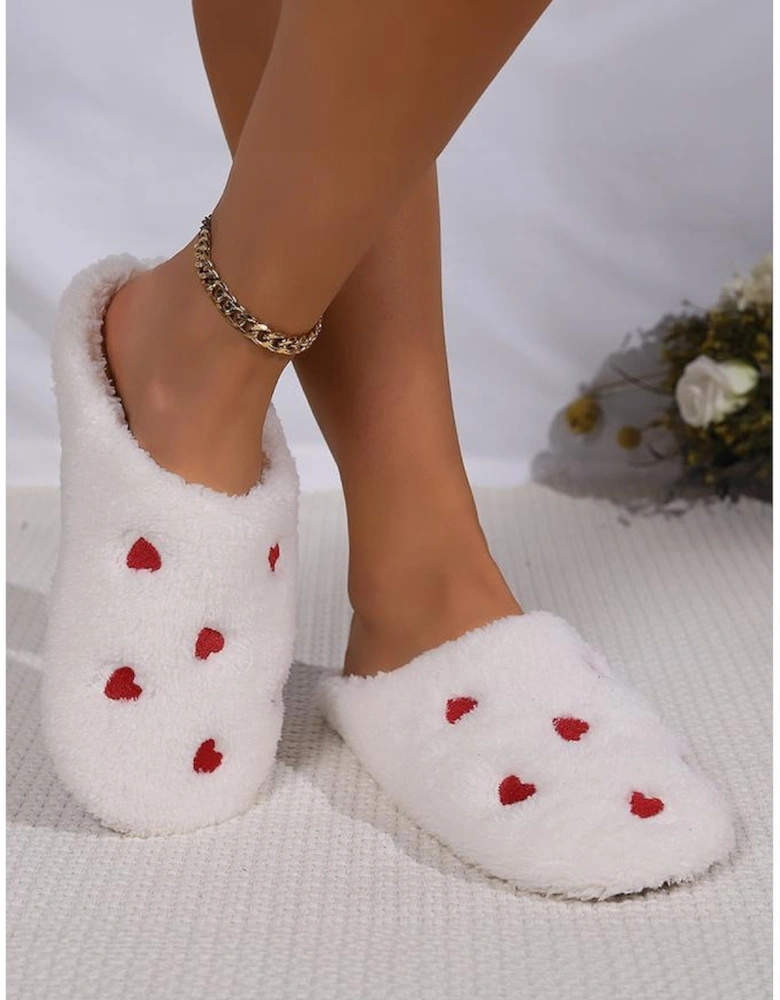 White Heart Shape Embroidered Slip On Plush Slippers