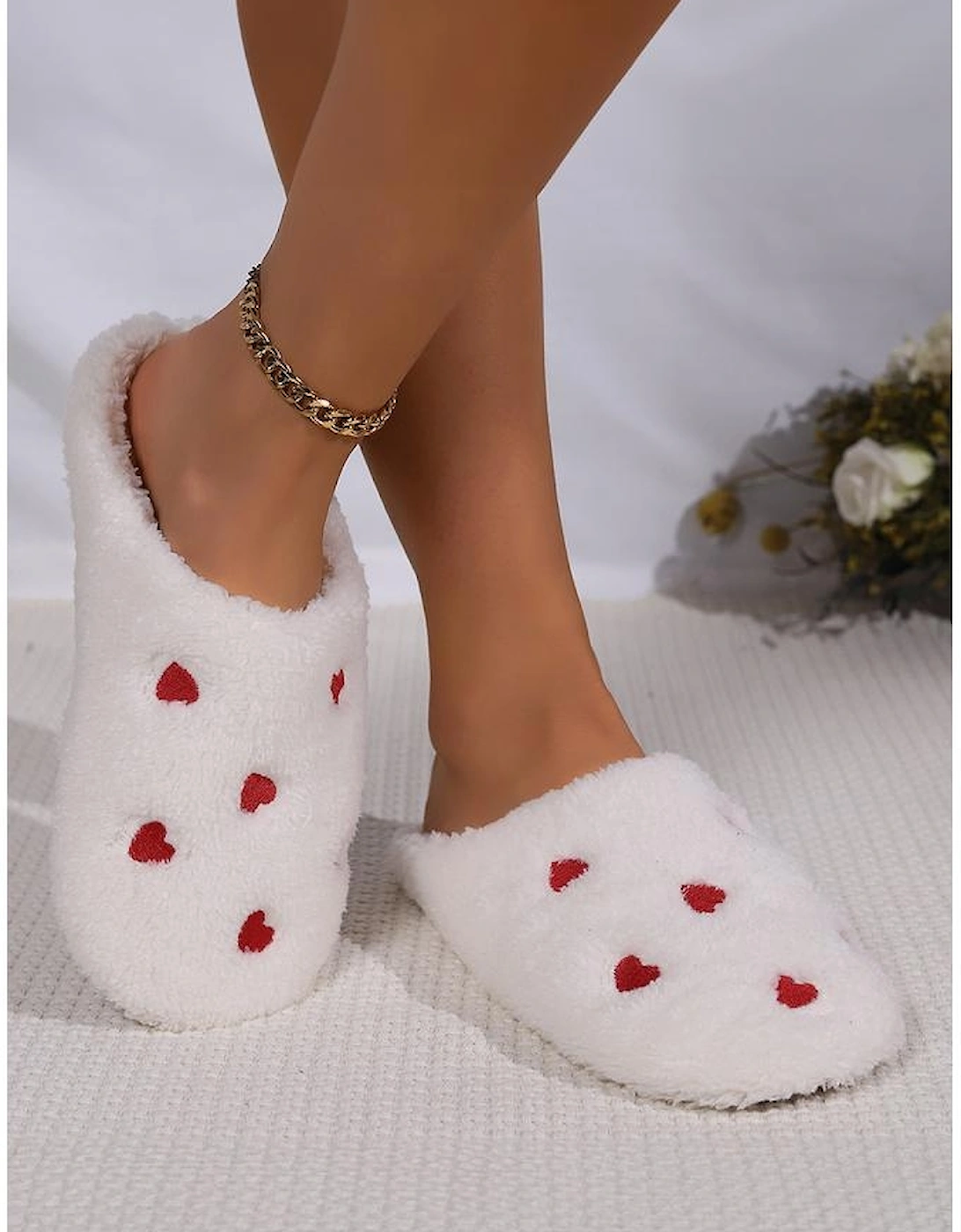 White Heart Shape Embroidered Slip On Plush Slippers