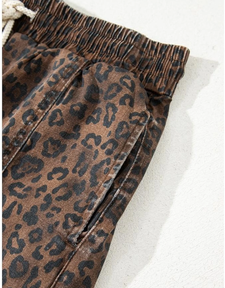 Brown Leopard Print Elastic Waist Drawstring Denim Skort