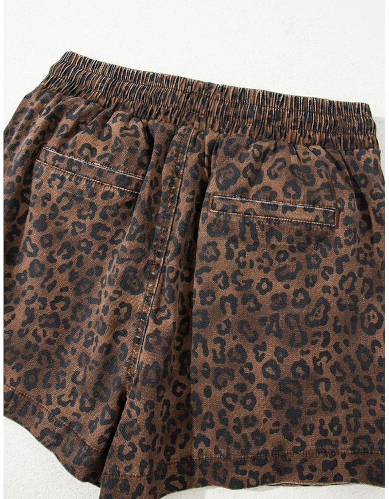 Brown Leopard Print Elastic Waist Drawstring Denim Skort