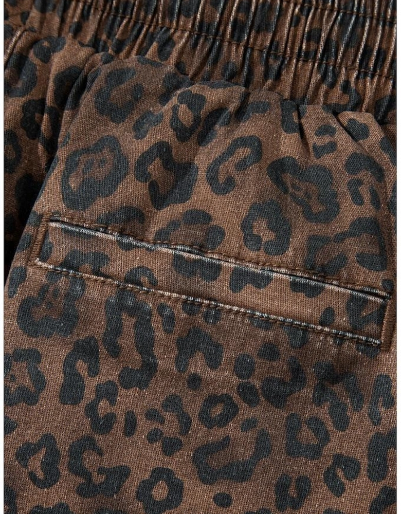 Brown Leopard Print Elastic Waist Drawstring Denim Skort