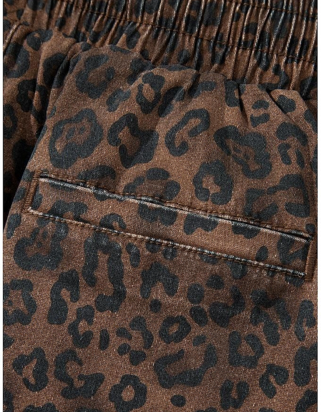 Brown Leopard Print Elastic Waist Drawstring Denim Skort
