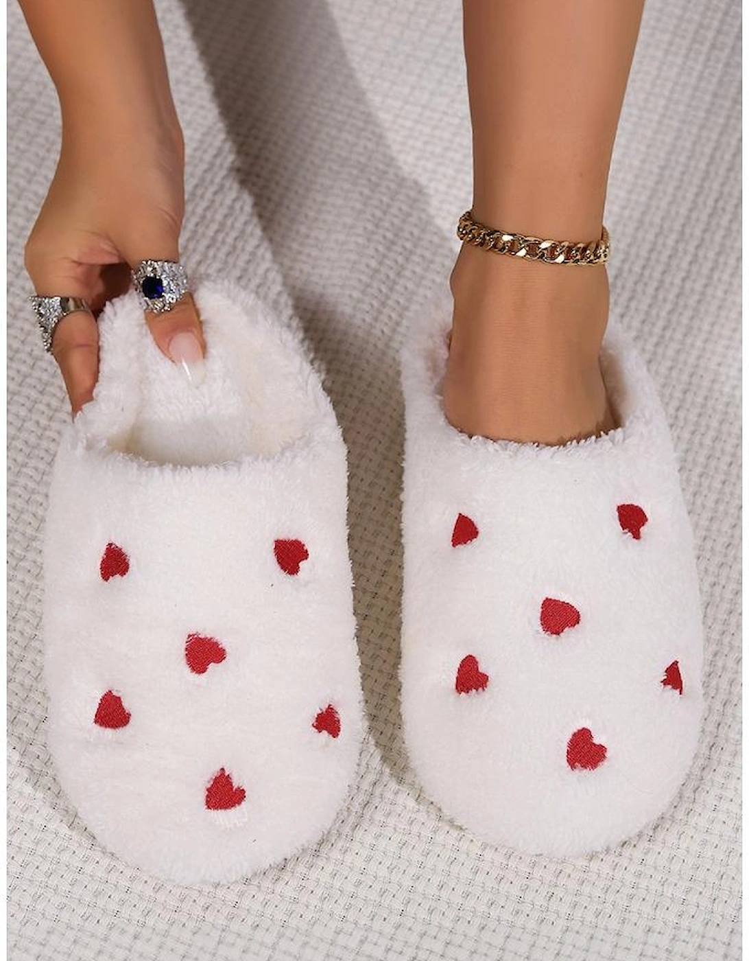 White Heart Shape Embroidered Slip On Plush Slippers