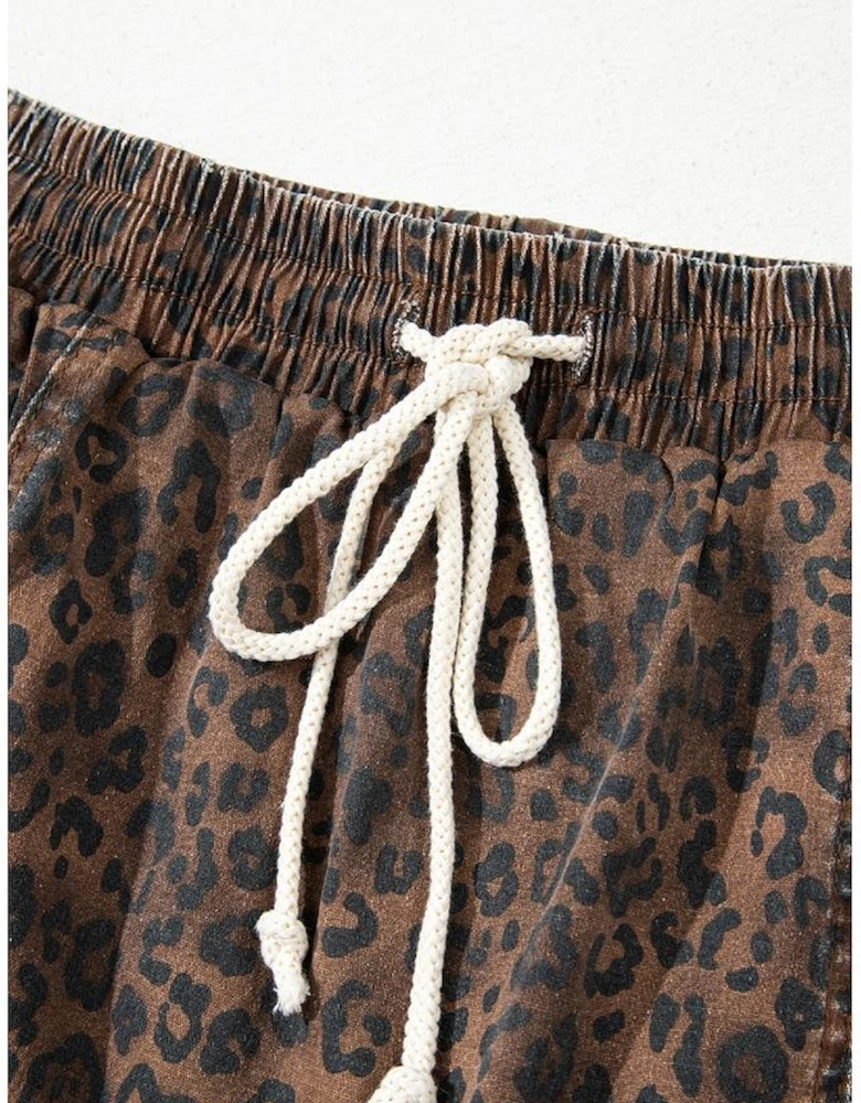 Brown Leopard Print Elastic Waist Drawstring Denim Skort