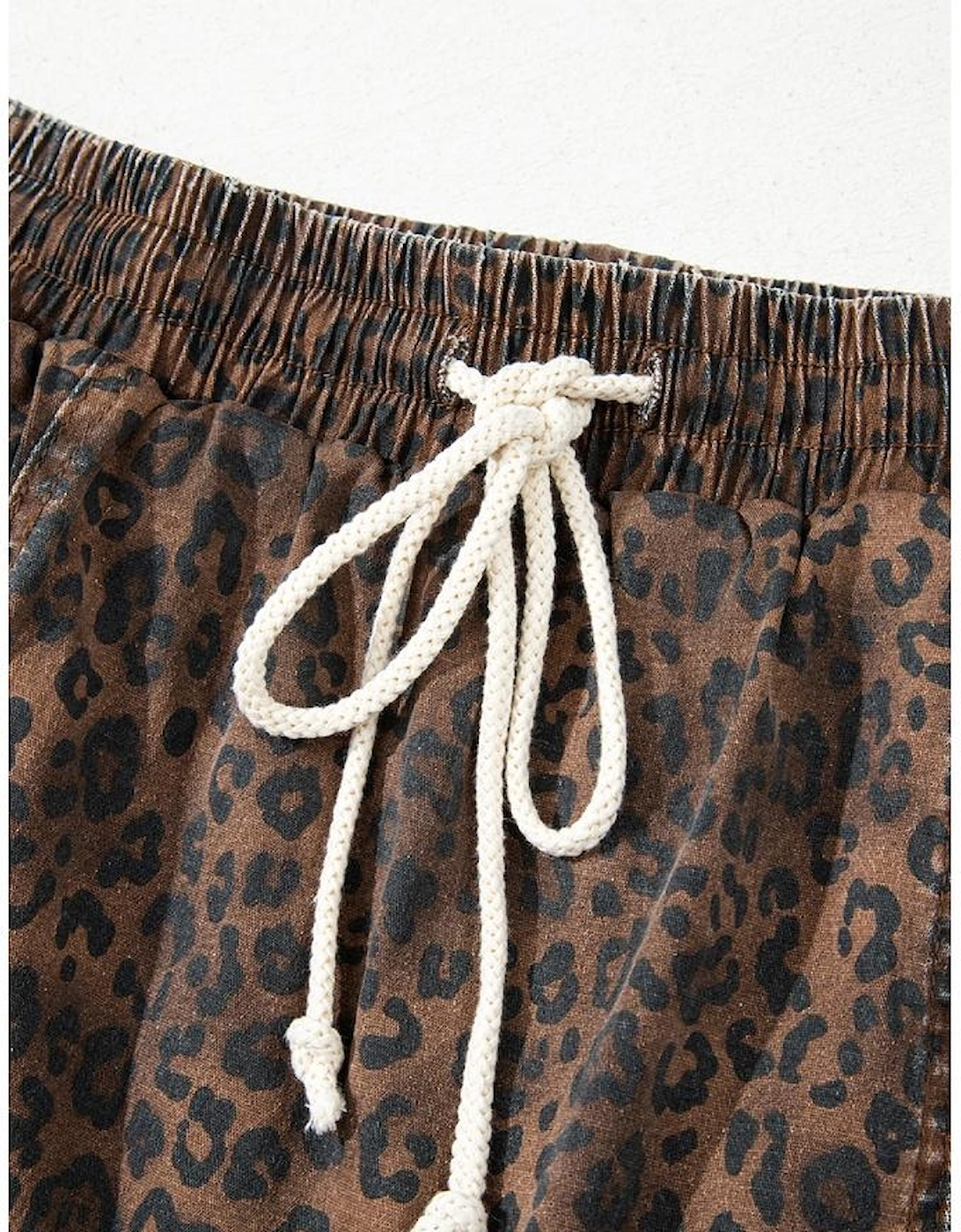 Brown Leopard Print Elastic Waist Drawstring Denim Skort
