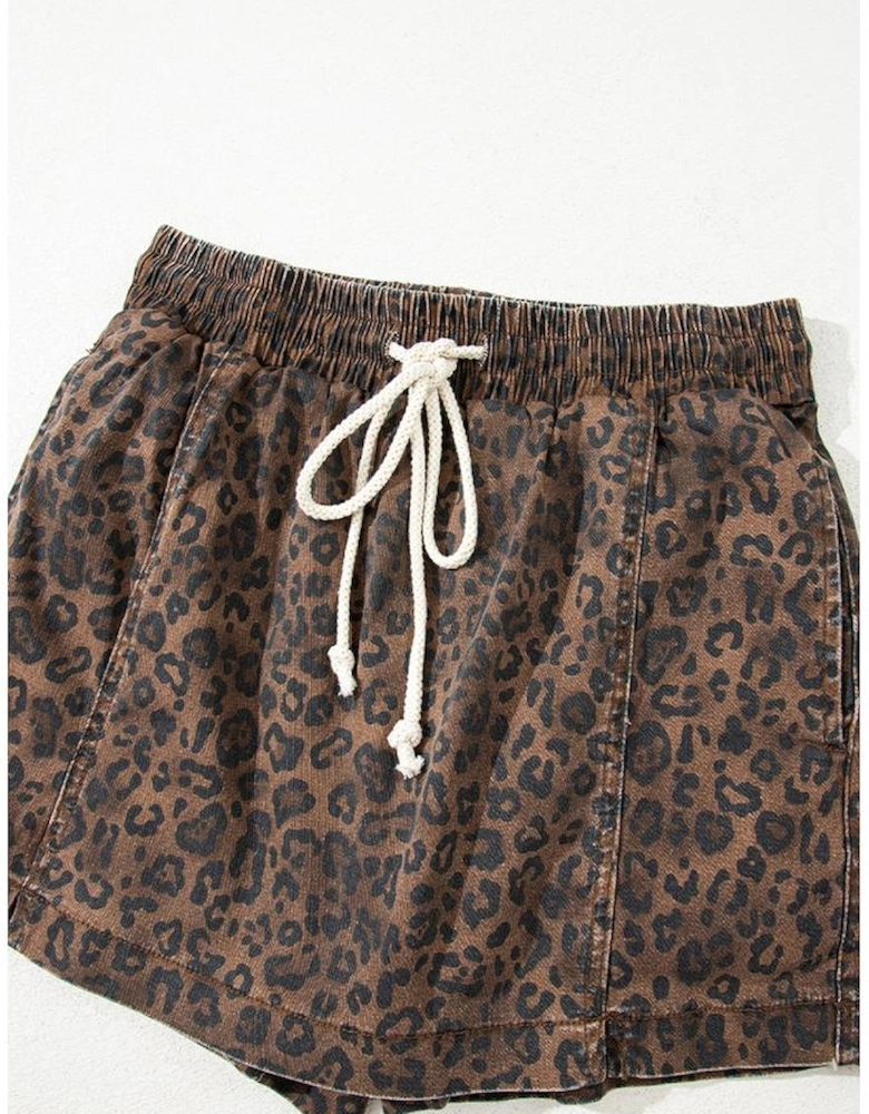 Brown Leopard Print Elastic Waist Drawstring Denim Skort
