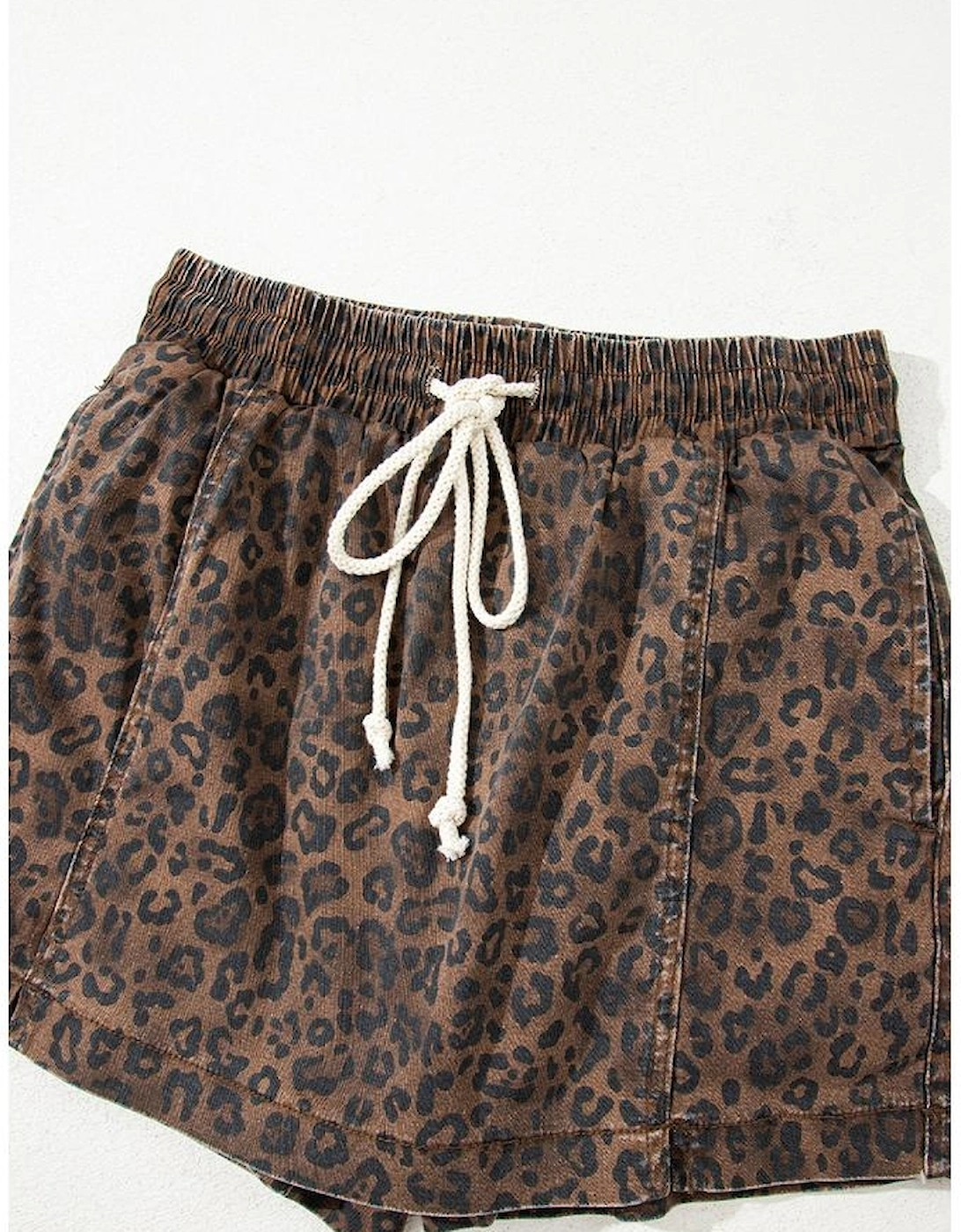 Brown Leopard Print Elastic Waist Drawstring Denim Skort