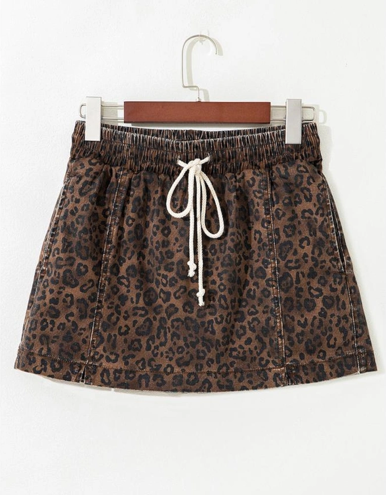 Brown Leopard Print Elastic Waist Drawstring Denim Skort