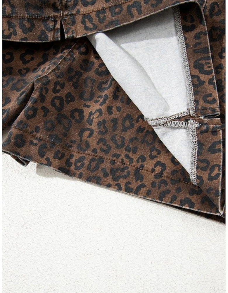 Brown Leopard Print Elastic Waist Drawstring Denim Skort