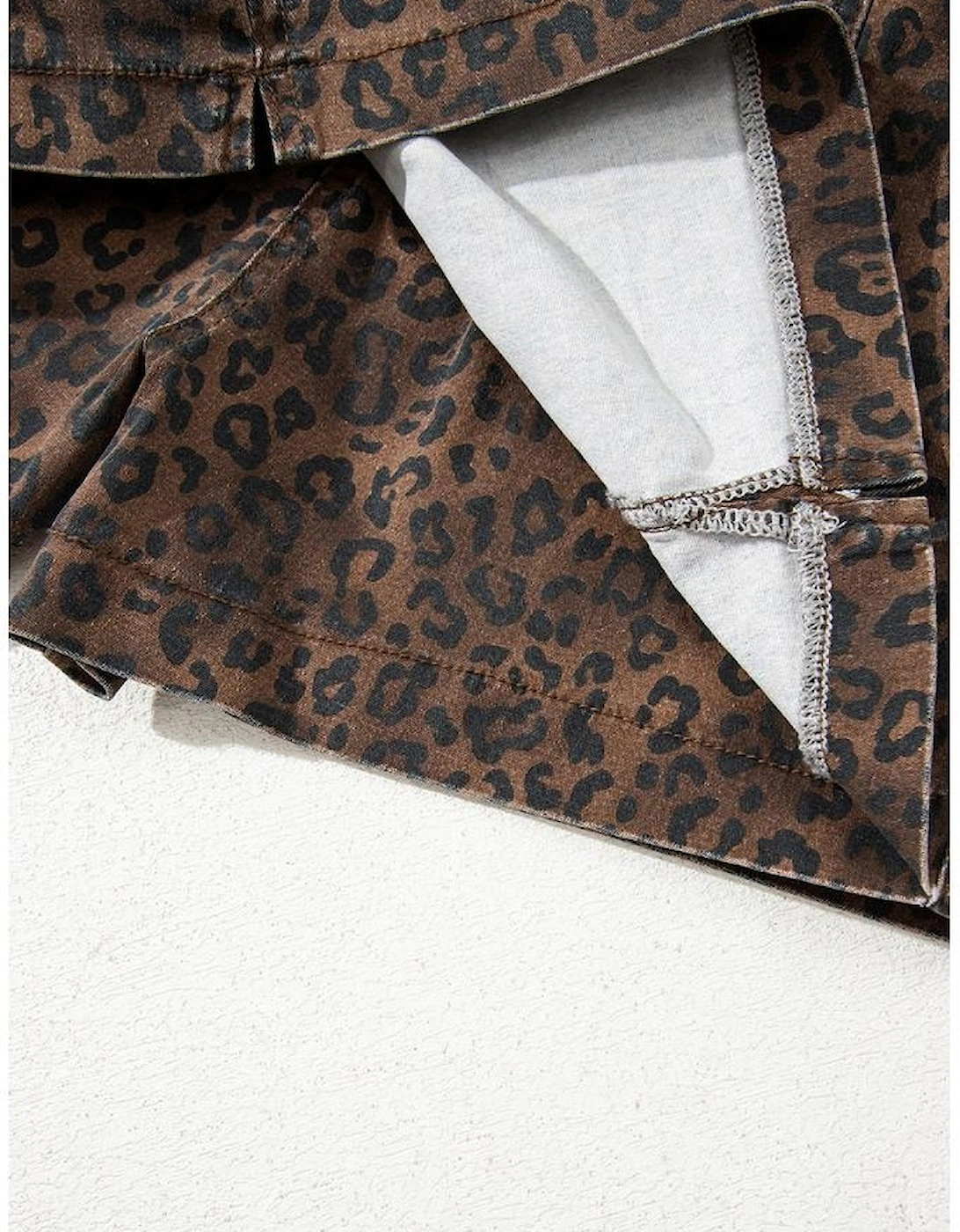 Brown Leopard Print Elastic Waist Drawstring Denim Skort