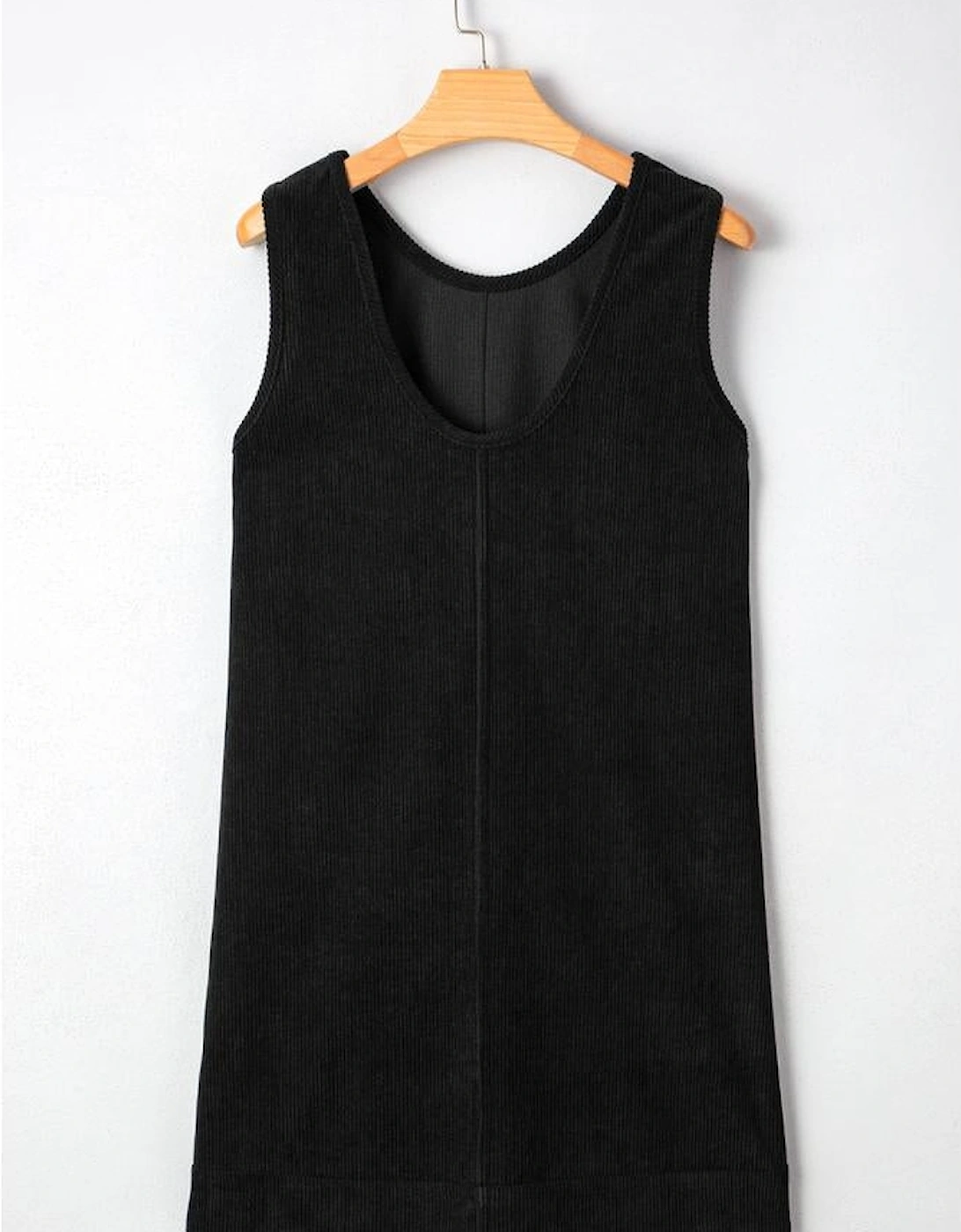 Black Corduroy Sleeveless Mini Dress With Patched Pockets