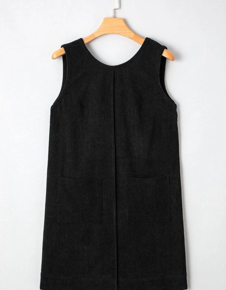 Black Corduroy Sleeveless Mini Dress With Patched Pockets