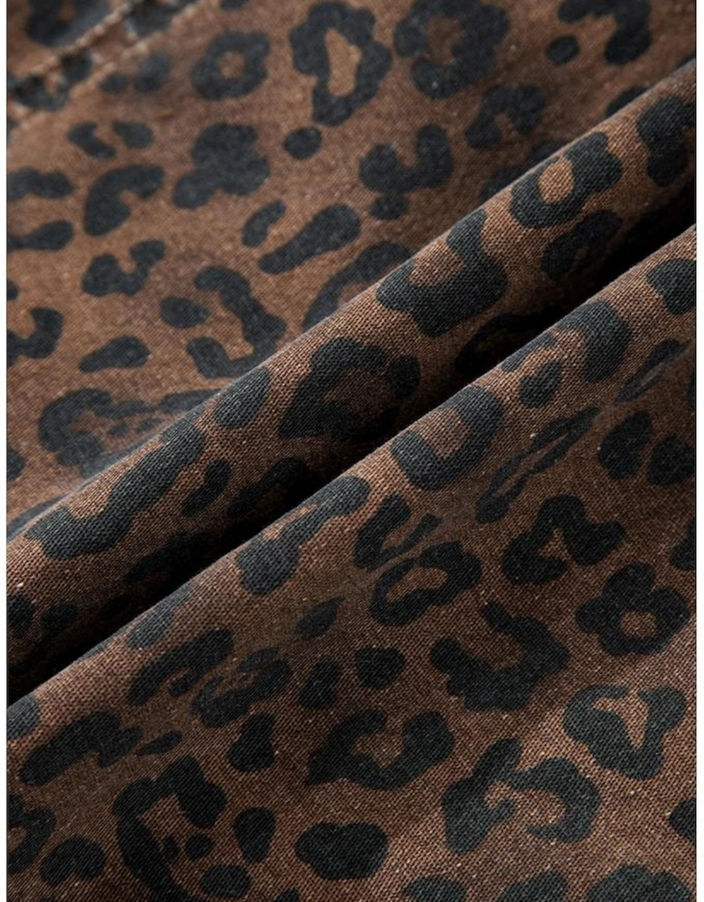 Brown Leopard Print Elastic Waist Drawstring Denim Skort