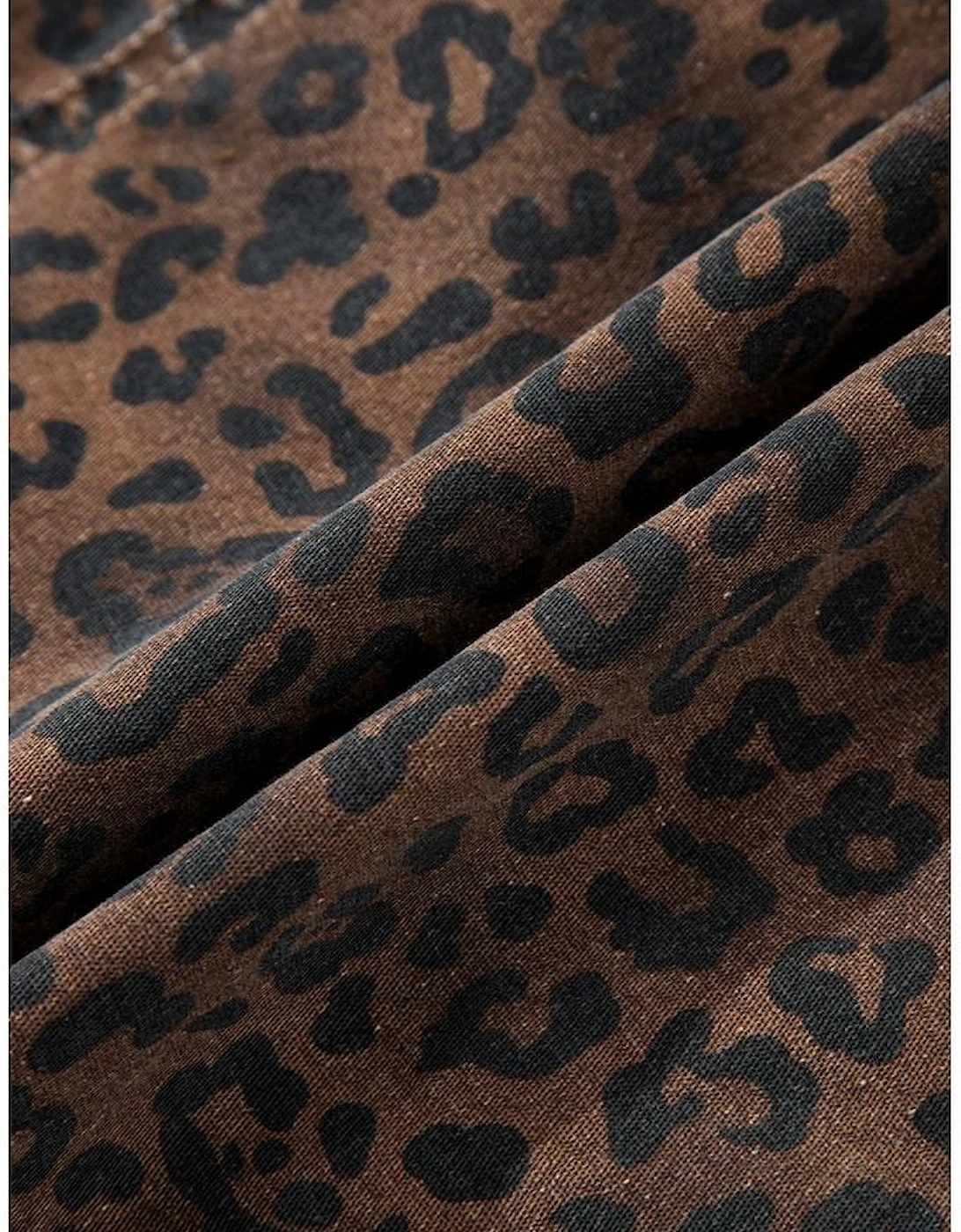 Brown Leopard Print Elastic Waist Drawstring Denim Skort