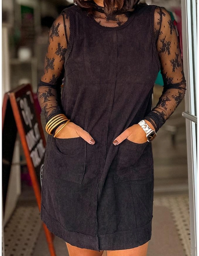 Black Corduroy Sleeveless Mini Dress With Patched Pockets