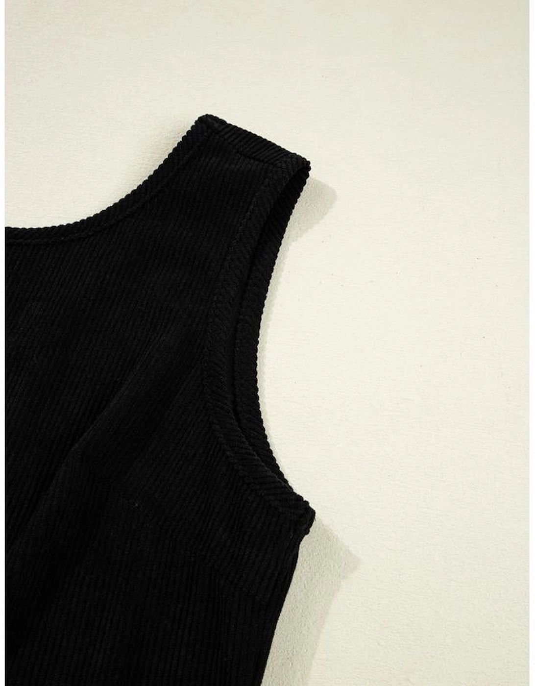Black Corduroy Sleeveless Mini Dress With Patched Pockets