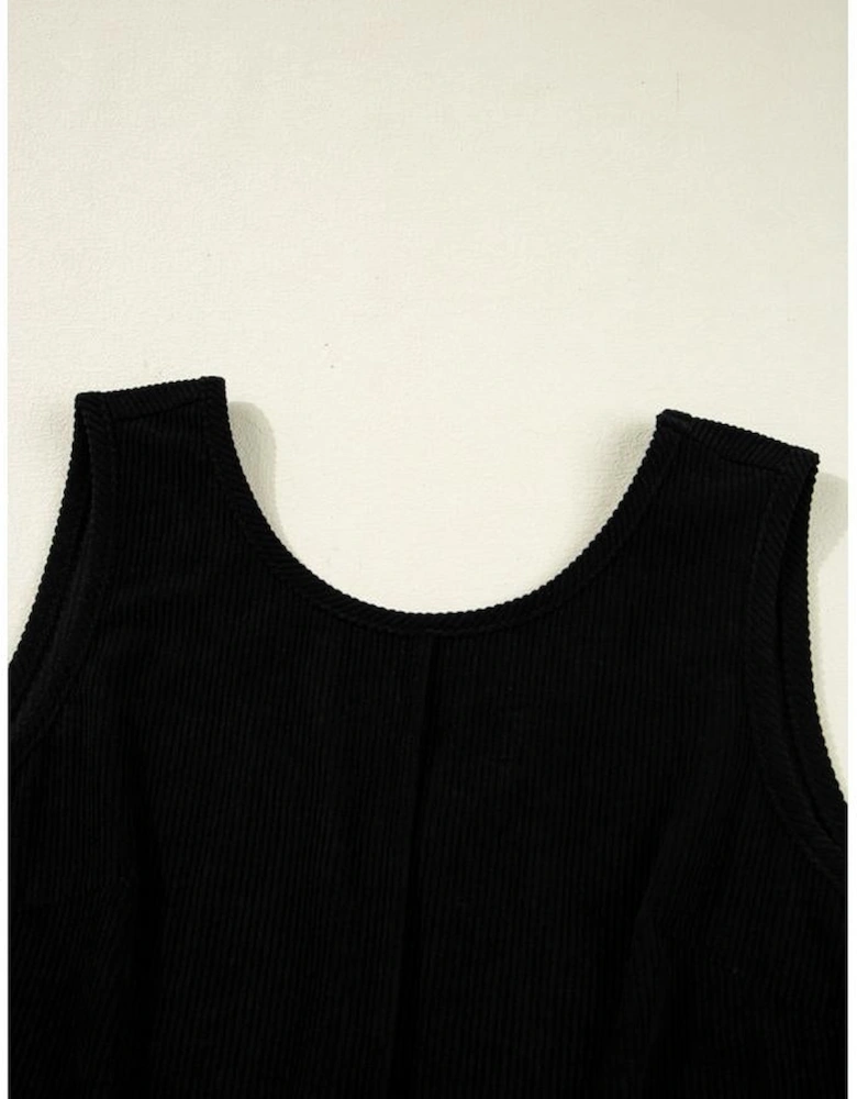 Black Corduroy Sleeveless Mini Dress With Patched Pockets