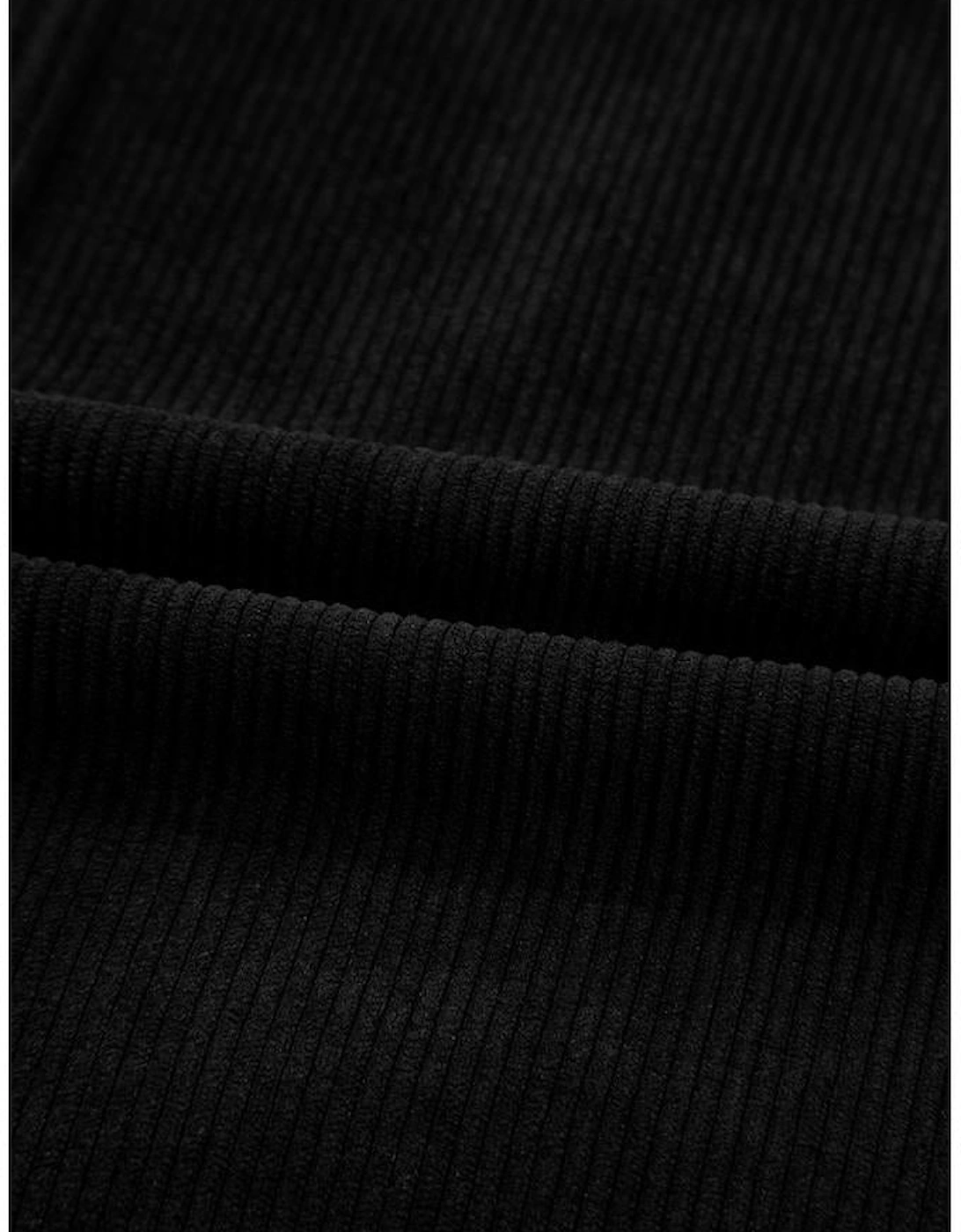 Black Corduroy Sleeveless Mini Dress With Patched Pockets