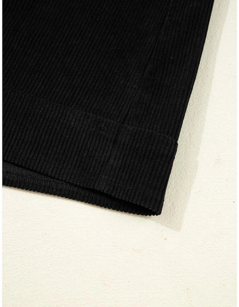 Black Corduroy Sleeveless Mini Dress With Patched Pockets