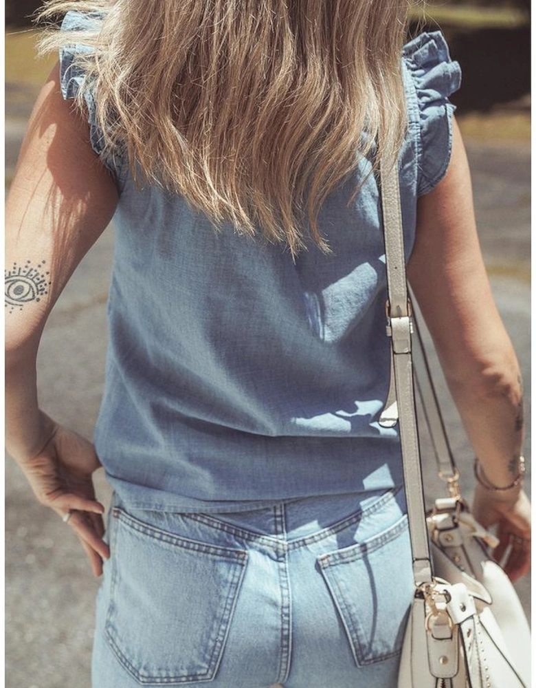 Beau Blue Frilly Ruffle Trim V Neck Chambray Tank Top