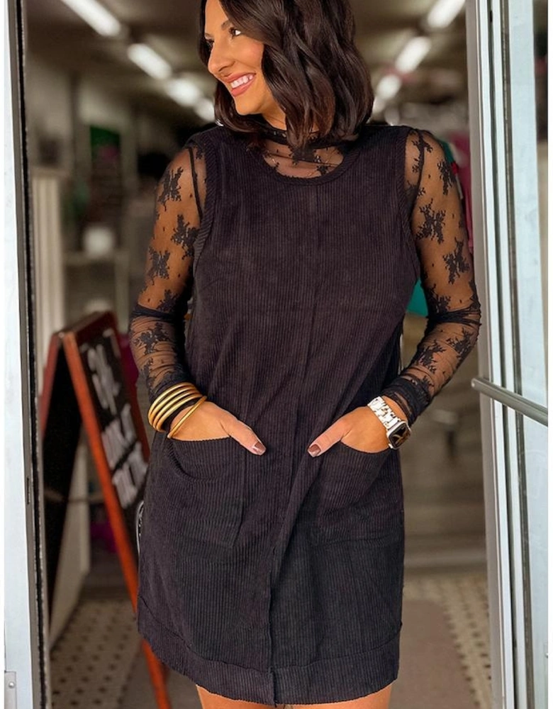 Black Corduroy Sleeveless Mini Dress With Patched Pockets