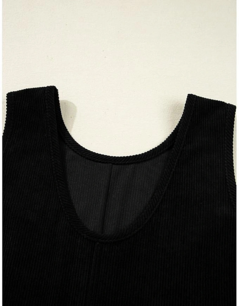 Black Corduroy Sleeveless Mini Dress With Patched Pockets