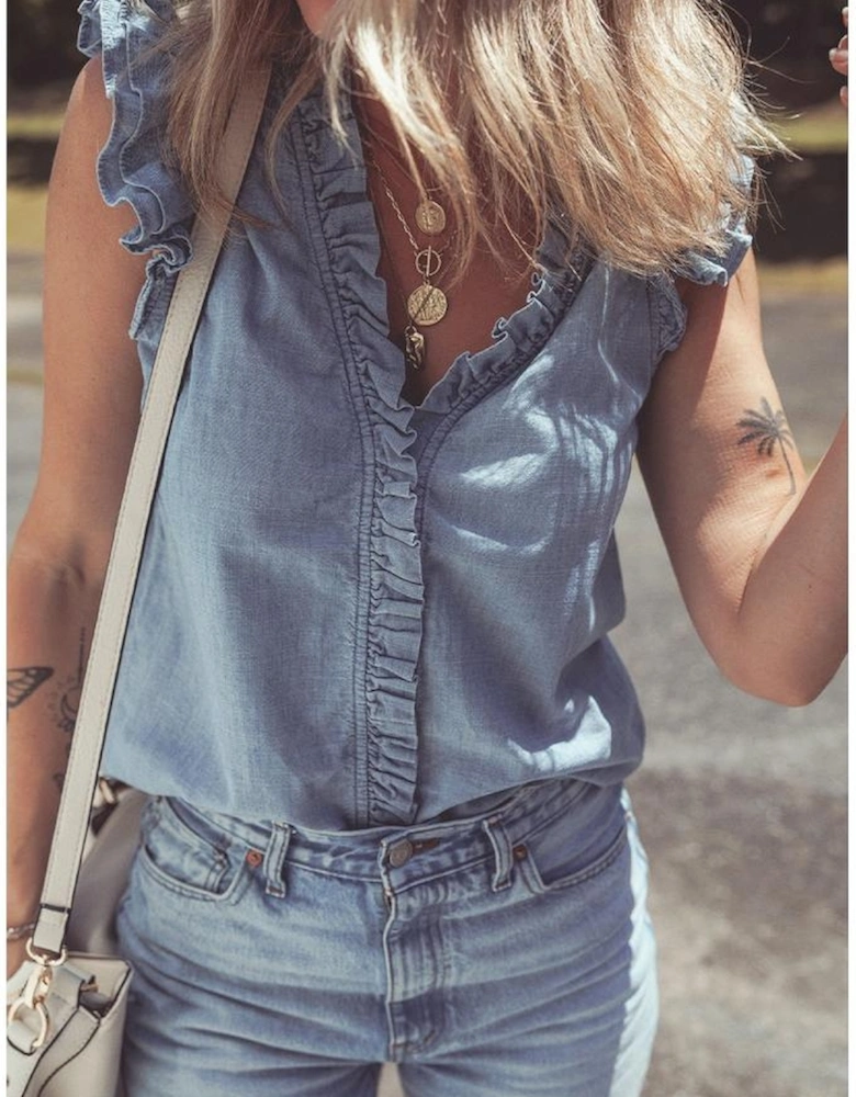Beau Blue Frilly Ruffle Trim V Neck Chambray Tank Top