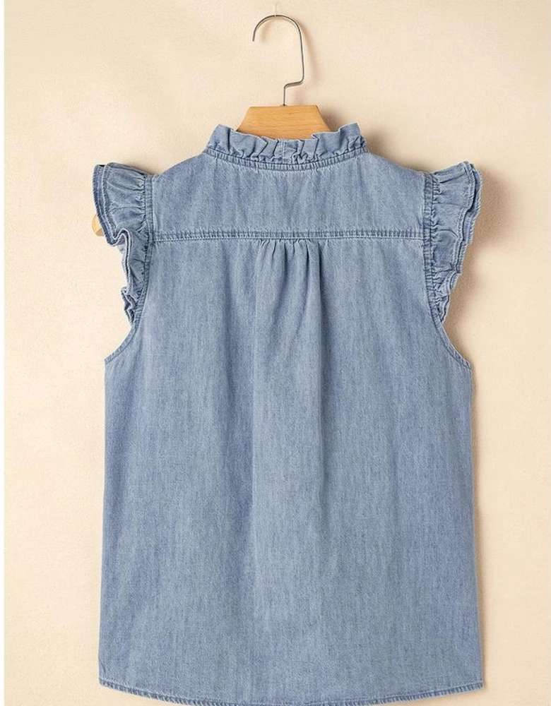 Beau Blue Frilly Ruffle Trim V Neck Chambray Tank Top