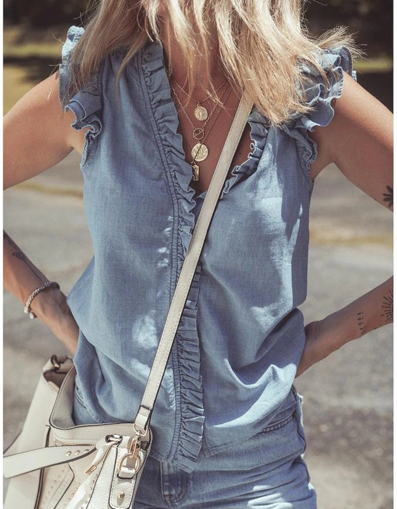 Beau Blue Frilly Ruffle Trim V Neck Chambray Tank Top