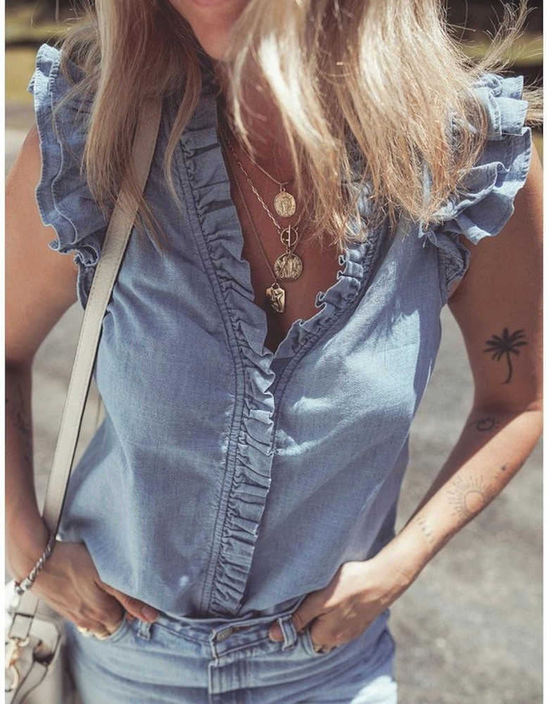 Beau Blue Frilly Ruffle Trim V Neck Chambray Tank Top