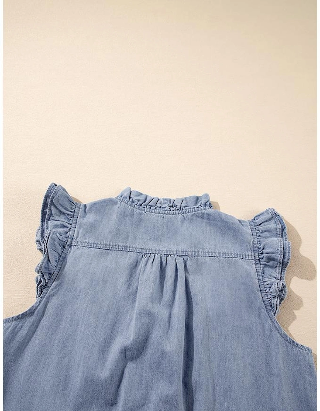 Beau Blue Frilly Ruffle Trim V Neck Chambray Tank Top