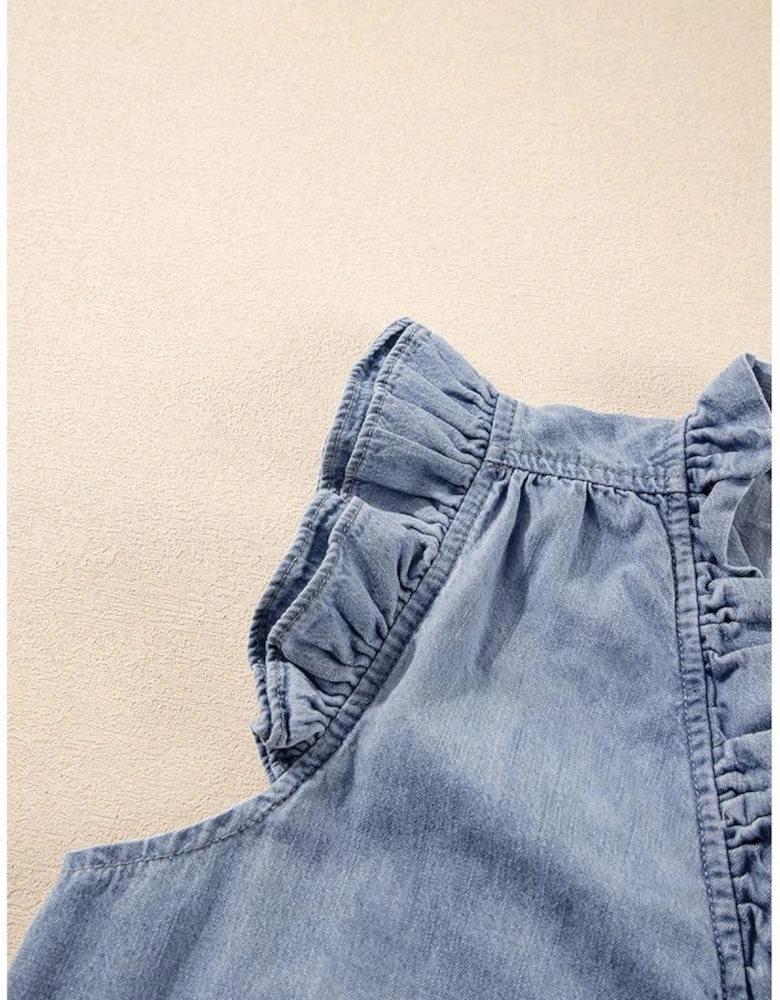 Beau Blue Frilly Ruffle Trim V Neck Chambray Tank Top