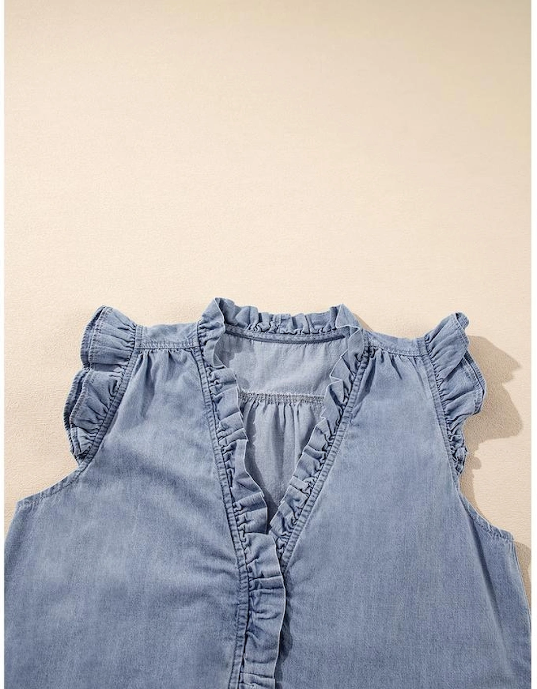 Beau Blue Frilly Ruffle Trim V Neck Chambray Tank Top