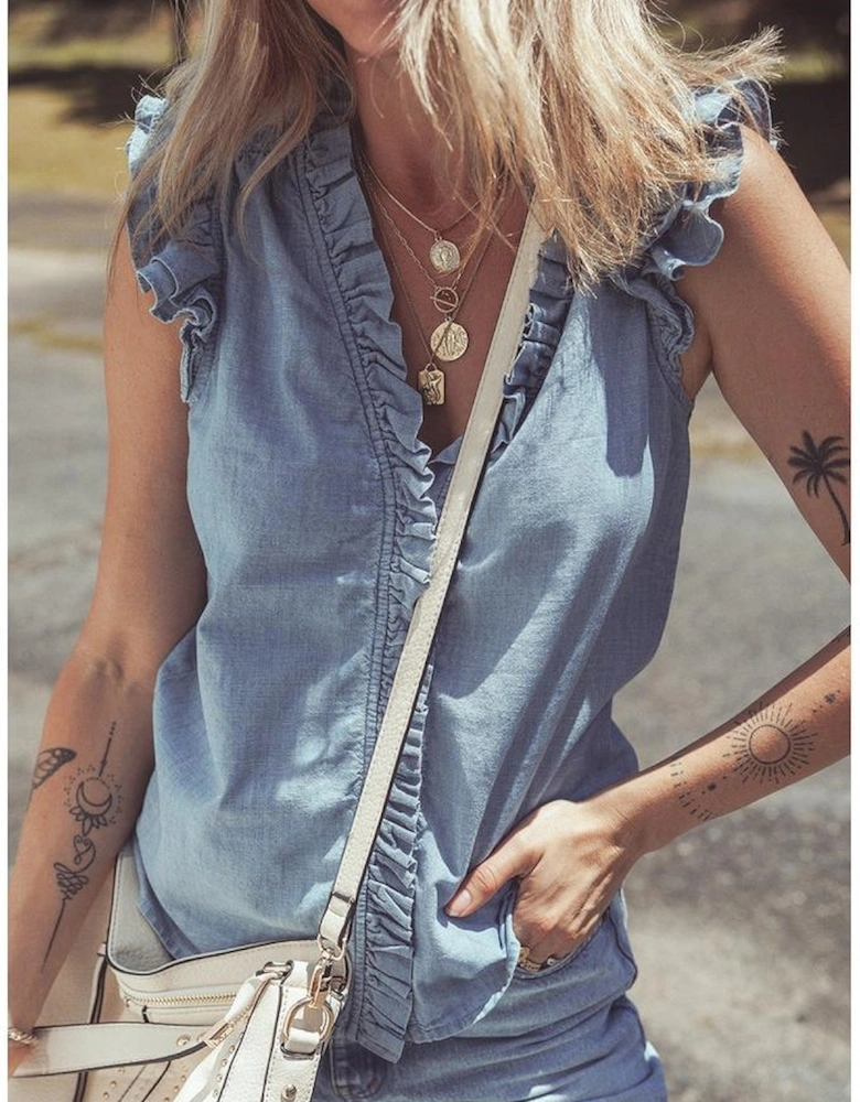 Beau Blue Frilly Ruffle Trim V Neck Chambray Tank Top