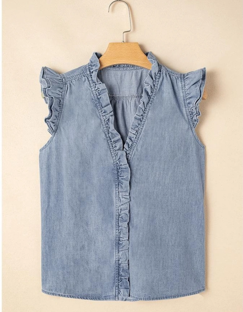Beau Blue Frilly Ruffle Trim V Neck Chambray Tank Top