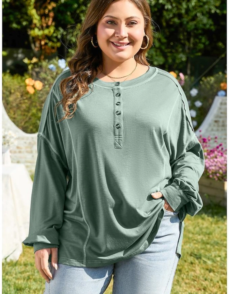 Seagrass Plus Size Exposed Seam Drop Shoulder Henley Top