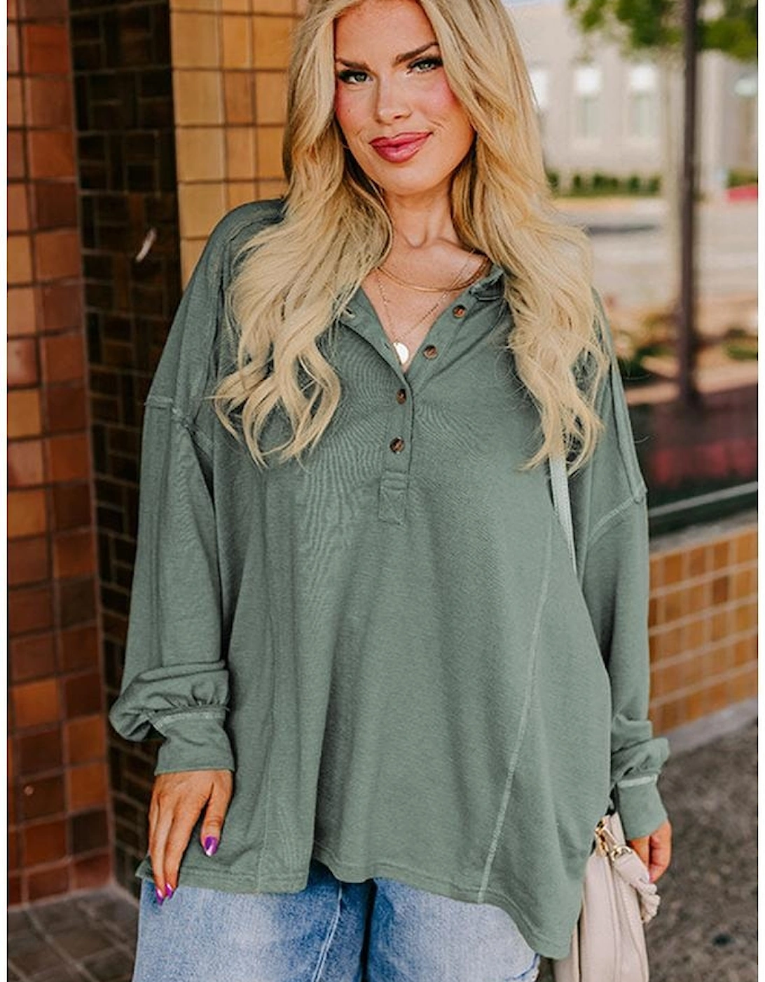 Seagrass Plus Size Exposed Seam Drop Shoulder Henley Top