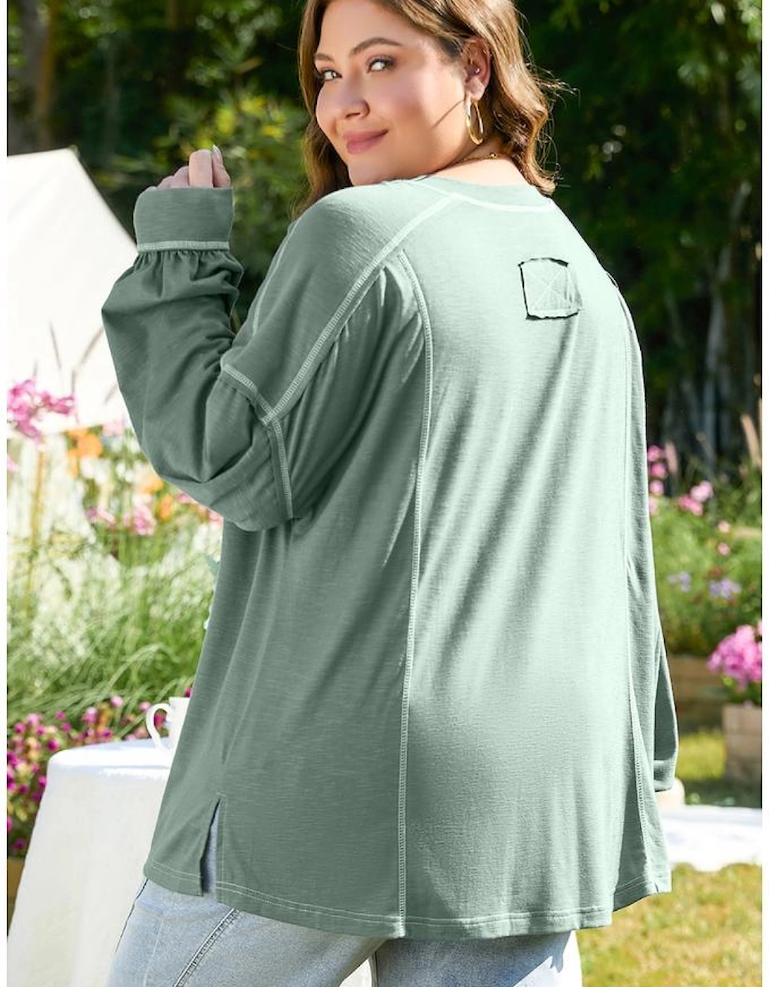 Seagrass Plus Size Exposed Seam Drop Shoulder Henley Top