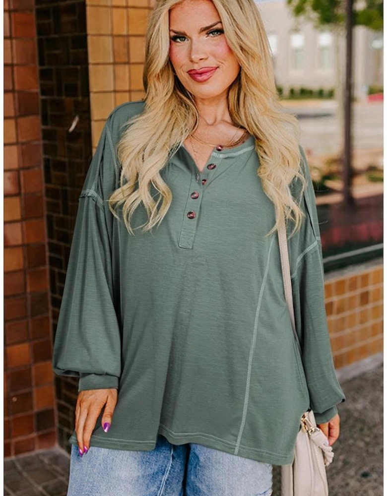 Seagrass Plus Size Exposed Seam Drop Shoulder Henley Top