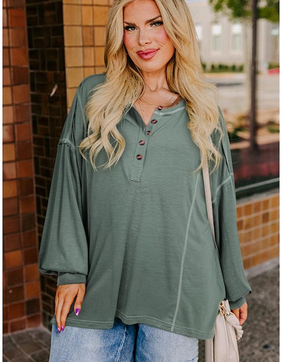 Seagrass Plus Size Exposed Seam Drop Shoulder Henley Top, 15 of 14