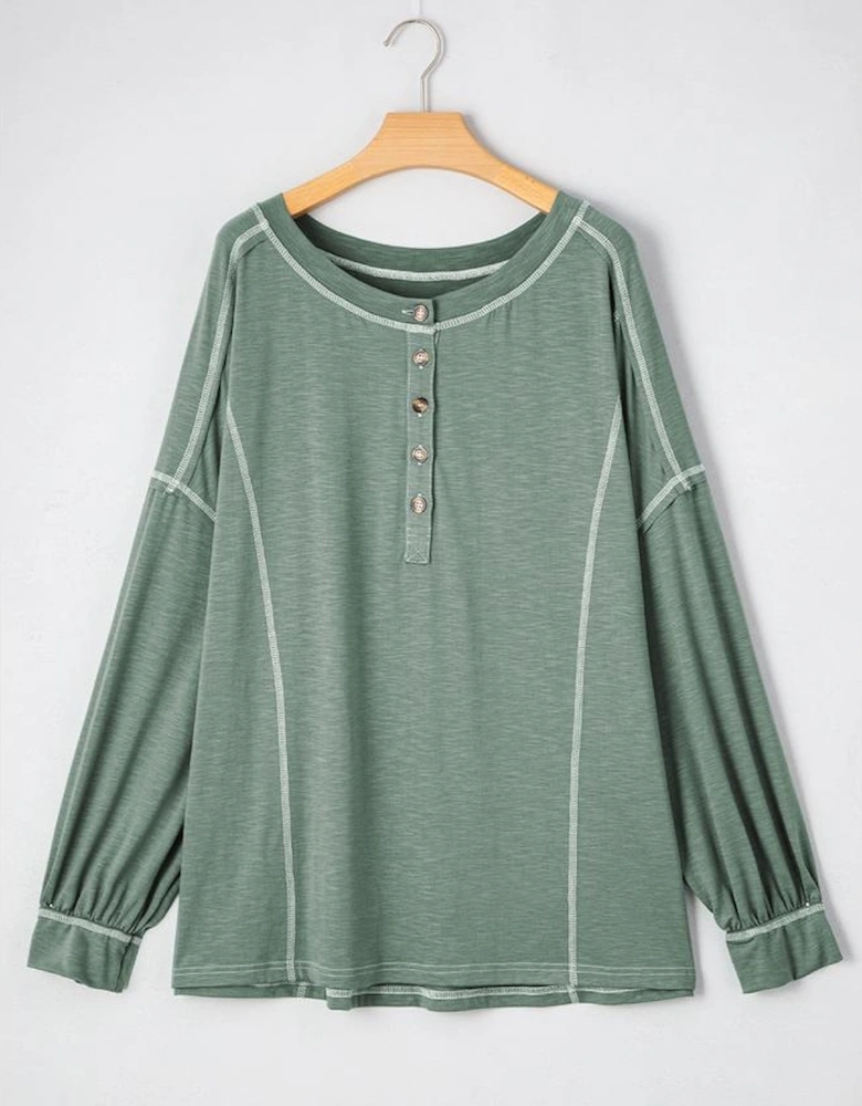 Seagrass Plus Size Exposed Seam Drop Shoulder Henley Top